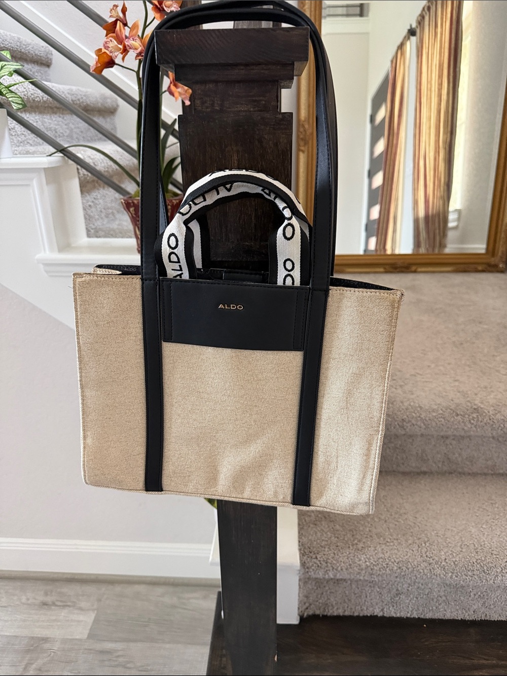 ALDO Gold Tote with Black Trim and Logo Strap